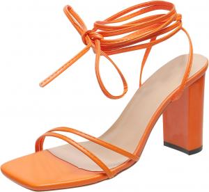 Женские туфли на высоком каблуке с открытым носком, модные летние женские ботильоны из однотонной кожи с ремешком на щиколотке и массивным каблуком Generic, Orange 7.5