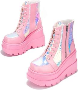 Женские ботильоны на платформе в готическом стиле с молнией, высокой танкеткой и ремешком с пряжкой, ретро-футуристический стиль Generic, Pink