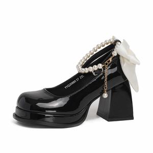 Take the Qin Женские туфли Мэри Джейн на массивном каблуке черные с усовершенствованным бантом, цвет Black Upgraded Bowknot