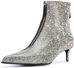 Женские ботильоны XYD с острым носком и низким каблуком, модные, на каблуке-кисточке, с двумя молниями, уютные короткие ботинки для платья, Sequin Glitter