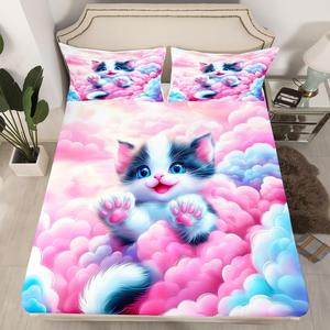 Erosebridal Комплект постельного белья Kids Cat с милыми котиками и облаками в розово-голубых тонах, Pink Blue