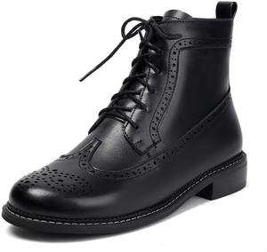 Женские ботинки в военном стиле на низком каблуке с шнуровкой, боковой молнией, круглым носком и брогированием Amihuge, Black