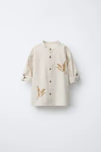 Рубашка с воротником-стойкой из сирсакера с вышивкой в виде птиц Zara, экрю