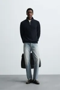 Вязаный джемпер с молнией на четверть длины, лицевой гладью Zara, темно-синий