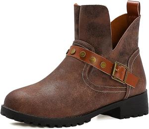 Женские ботильоны MIOKE с пряжкой, с низким каблуком, вестерн-стиль, для повседневной ходьбы, короткие, с круглым носком, нарядные, на щиколотку JOEUSTY, Brown-Velvet Lined