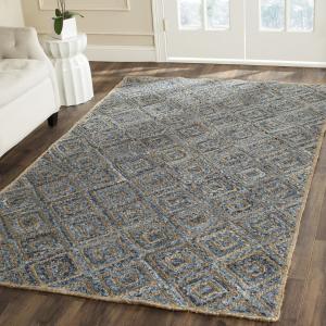 Ковер SAFAVIEH, 153 x 244 см, Natural Fiber Collection, Natural & Blue, ручной работы бохо ромбовидный узор Jute, идеально для помещений с высокой проходимостью в гостиной, спальне (NF354A)