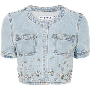 Self-portrait Расшитый стразами укороченный джинсовый топ, Blue