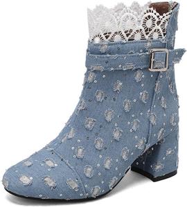 Женские джинсовые короткие ботильоны Aflngle с закругленным носком, средней толстой квадратной подошвой, модной задней молнией и пряжкой, повседневная обувь для прогулок и вечеринок, Light Blue