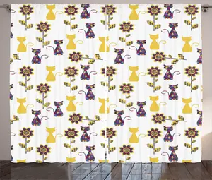 Штора ABAKUHAUS Cat Lover в деревенском стиле, дизайн Poly Art Kitten, универсальные ленточные шторы для гостиной с петлями и крючками, 280 x 225 см, белая с разноцветным узором Abakuhaus