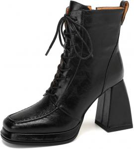 Женские короткие ботинки TinaCus из натуральной кожи с шнуровкой и молнией, квадратный носок, ручная работа, платформа, высокие массивные каблуки, Black