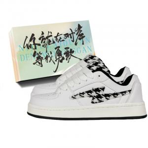 JimiXiong Низкие скейтерские кроссовки унисекс бело-черные в клетку с коробкой, цвет White Black Houndstooth+Shoe Box