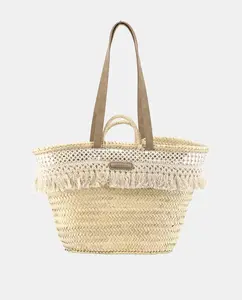 Большая сумка-корзина из 10 витков натуральной пальмы с кисточками и зеркалами Simó Sastre, бежевый