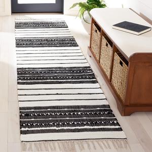 Ковер-дорожка SAFAVIEH, 69 x 275 см, Striped Kilim Collection - , Black & Ivory, плоское плетение, бохо с бахромой, хлопковый дизайн, простой уход, идеален для помещений с высокой проходимостью в гостиной, спальне (STK207Z)