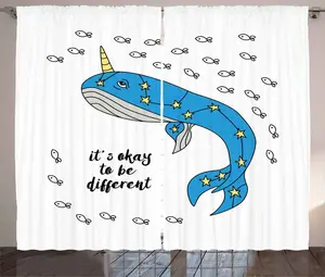 Штора в деревенском стиле Нарвал от ABAKUHAUS, синяя, с изображением мультяшного кита, универсальная, с петлями и крючками, для гостиной, 280 x 225 см, лазурно-голубой, желто-серый Abakuhaus