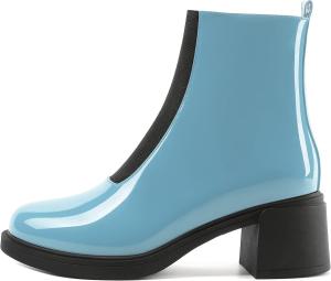 Женские ботинки MERRORI до щиколотки Челси с эластичной вставкой, округлым носком, повседневные, лаковые, на среднем каблуке 2,5 дюйма, Black/Light Blue