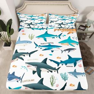 Erosebridal Комплект постельного белья Shark с 3D принтом акул и морской тематикой для детей, Blue White Green