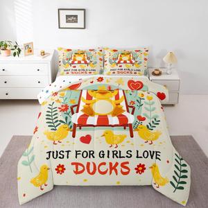 Erosebridal Комплект постельного белья Funny Duck с цветочным принтом и желтыми уточками для девочек, Beige Red