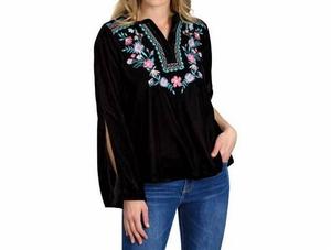Черная блузка с длинными рукавами из бархата с цветочной вышивкой Stetson