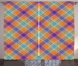 Штора ABAKUHAUS в стиле Абстрактный рустик, классический тартан, присборенная тесьма для спальни с петлями и крючками, 280 x 225 см, цвет: фиолетовый, темно-оранжевый, бирюзовый Abakuhaus