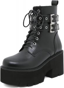 Женские ботильоны на массивном каблуке с платформой, готические боевые ботинки на высоком каблуке, короткие ботинки с заклепками, пряжкой и шнуровкой, панк-бутсы ZPRGZPG, Black-3