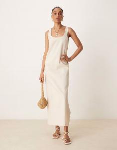 ASOS DESIGN Высокое платье миди из хлопка и льна с круглым вырезом в цвете овсянки ASOS Tall