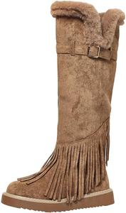 Женские зимние высокие сапоги до колена с модной пряжкой и бахромой, теплые, с искусственным мехом, широкие голенища, уличные ботильоны Generic, Khaki