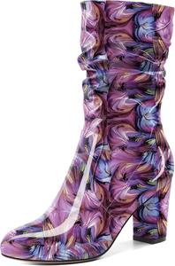 Женские ботильоны Zamikoo с свободным силуэтом, толстым каблуком и круглым носком, с молнией сбоку, модные обувь без застежки, короткие ботильоны, удобные нарядные ботинки, каблук 3,5 дюйма, Floral Purple