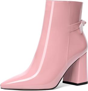 Женские ботильоны AMBELIGHT с острым носком на молнии для свиданий, лаковые, с широким каблуком 3,3 дюйма, Pink