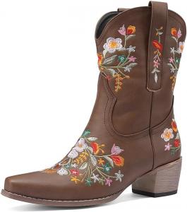 Женские ковбойские ботинки Arqa с вышивкой цветов Винтажные западные ботильоны на массивном каблуке Ковбойские ботинки на пуговицах, Brown