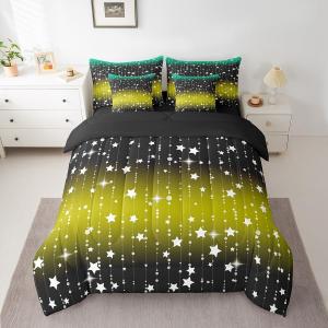 Erosebridal Twin Glitter Star Comforter Set 7 Pieces, Black Yellow Green Bed In A Bag, Ombre Silver Meteor Bedding Set With Sparkle Galaxy Twinkle Starlight Comforter, Flat Sheet, Fitted Sheet, Pillowcases, Black Yellow Green