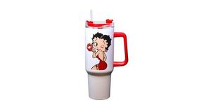 Дорожная кружка из нержавеющей стали с двойными стенками, трубочкой и ручкой, с изображением Бетти Буп, объем 40 унций (около 1,2 литра) Spoontiques, белый