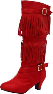 Женские высокие сапоги до колена из замши с массивным каблуком-шпилькой, длинные сапоги с круглым носком и пряжкой, стильные западные сапоги Generic, Red