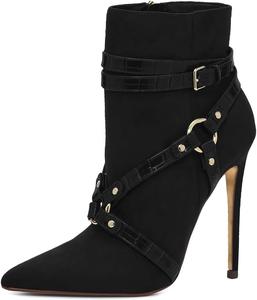 Женские ботильоны FYS с заостренным носком на высоком каблуке-кубита, ремешок с пряжкой, сексуальные короткие ботиночки с боковой молнией, для платья, осенняя обувь, размеры US 4-16, Black