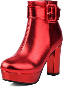 Женские ботильоны на массивной платформе и высоком каблуке с круглым носком, пряжкой и застежкой-молнией, зимние элегантные короткие ботинки JOEUSTY, Red-Velvet Lined