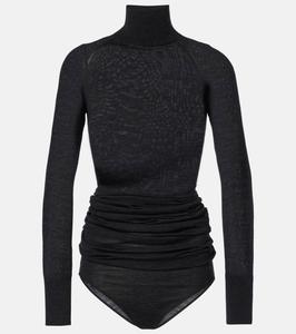 Боди из драпированной шерсти с высоким воротом Alaïa, цвет ebene