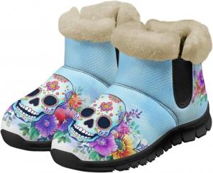 Сапожки с черепом для женщин и мужчин, водонепроницаемые, теплые, пушистые, ботильоны на зиму, для улицы, против скольжения, размеры США 6-12 Pointodoor, Skull And Flower-Blue