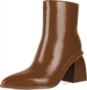 Женские средние сапоги Esvowido до середины икры с высоким каблуком 3,5 дюйма, заостренным носком и массивным каблуком, короткие ботильоны с боковыми молниями для работы, свиданий и вечеринок, Brown