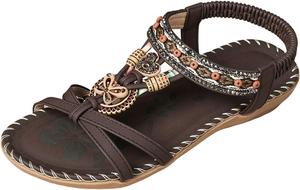 Женские бохо сандалии на плоской подошве, летние пляжные шлепанцы с поддержкой свода стопы, повседневные, нарядные, этнический стиль, низкий каблук Generic, Coffee