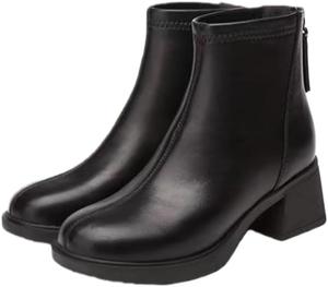 Женские короткие ботинки с закругленным носком имеют низкий каблук с твердой подошвой, дизайн в стиле Челси и молнию на задней части. Это удобные сапоги средней длины, подходящие для женщин. FmShi, Black