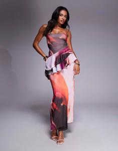 Платье макси с сетчатым принтом, баской, завязками на спине и абстрактным принтом Asos Design