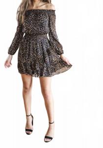 Черно-верблюжье леопардовое платье с открытыми плечами и рюшами FATE