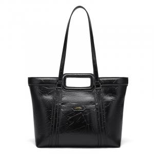 CNOLES Женская черная кожаная сумка-шоппер с блестящей текстурой, Black (Fits 14-Inch Laptops)