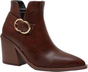 Женские кожаные ботильоны с винтажным каблуком, застежкой-молнией сбоку, классическим заостренным носком, металлической пряжкой, массивным каблуком, противоскользящим покрытием, для вечеринок и официальных мероприятий FIFILAPIN, Brown