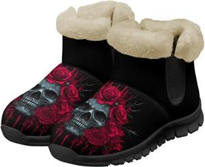 Сапожки с черепом для женщин и мужчин, водонепроницаемые, теплые, пушистые, ботильоны на зиму, для улицы, против скольжения, размеры США 6-12 Pointodoor, Skull Rose Pattern