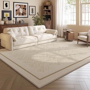 Budis Ковер 200х400 см для гостиной/спальни в французском стиле, светлый, водоотталкивающий, с высоким ворсом, кремовый с квадратным узором