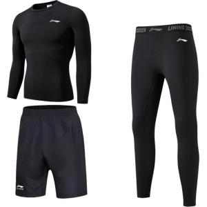 Мужской спортивный костюм Li Ning с круглым вырезом, умеренный крой., fall winter clothing sets three-piece set (черный fleece-lined top+черный shorts+черный fleece-lined bottom)