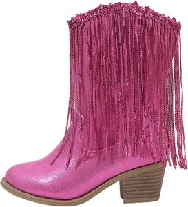 Ковбойские сапоги для девочек, западные сапоги ковбоя, сапоги до середины голени с блестками и бахромой, средние сапоги с низким блочным каблуком JEUROT, Hot Pink