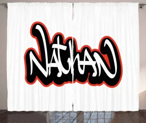 Штора в деревенском стиле ABAKUHAUS Nathan, граффити с именем мальчика, присборенная штора для спальни с петлями и крючками, 280 x 175 см, цвет: ярко-белый