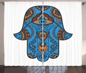 Штора ABAKUHAUS Hamsa Rustic, с завитками и винтажными глазками, узором пейсли, универсальная ленточная штора для гостиной с петлями и крючками, 280 x 175 см, сине-коричневая, ярко-красная Abakuhaus