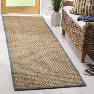 Ковер-дорожка SAFAVIEH, 77 x 183 см, Natural Fiber Collection - Natural & Light Blue, Seagrass, узор "корзинное плетение" с каймой (NF114M)